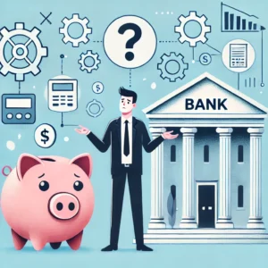 A professional illustration featuring a confused office worker in formal attire, standing between a large piggy bank and a bank building. The scene is