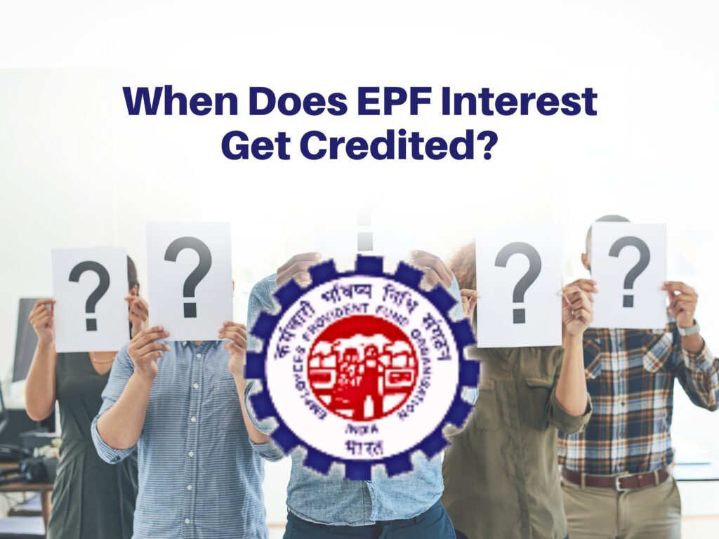 A group of people holding question mark signs with the EPFO logo in the foreground, symbolizing curiosity about when EPF interest is credited.