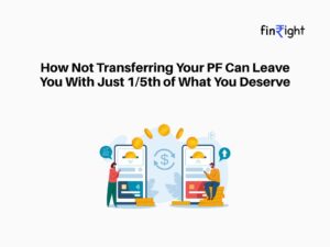 FinRight explains how not merging or transferring your PF after changing jobs can reduce your pension to 1/5th of the actual amount, limit your PF withdrawal eligibility, and leave money locked in old accounts. Illustration shows digital transfer of funds between two people, highlighting the importance of PF consolidation and expert help.