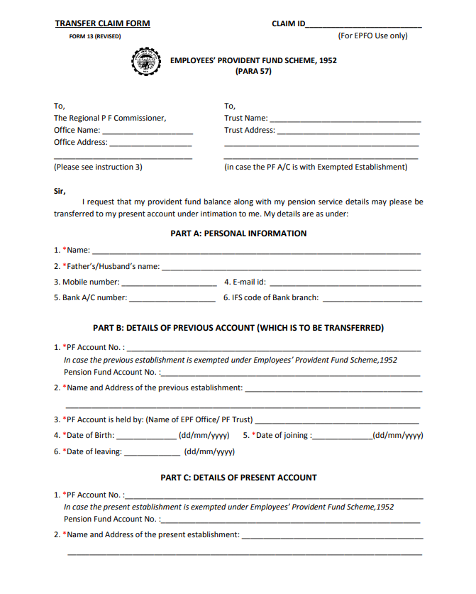 Form 13 for Provident Fund Transfers